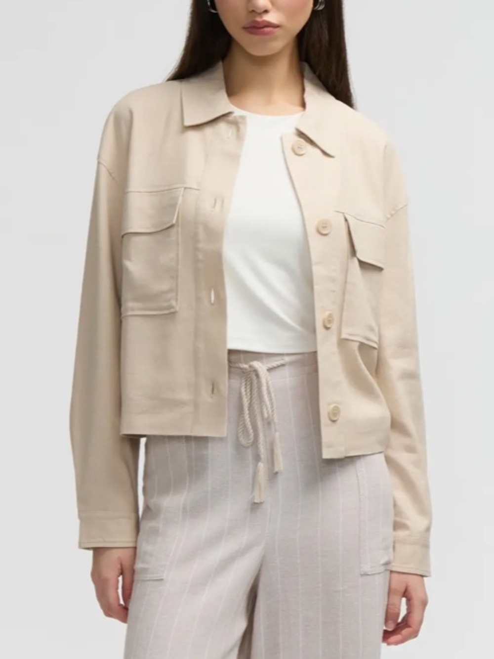 Max Studio Cream Double Pocket Shacket